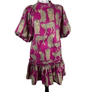 Tyler Böe Leopard Cheetah Print Ruffle Hem Dress‎ Pink Magenta Puff Sleeve XS